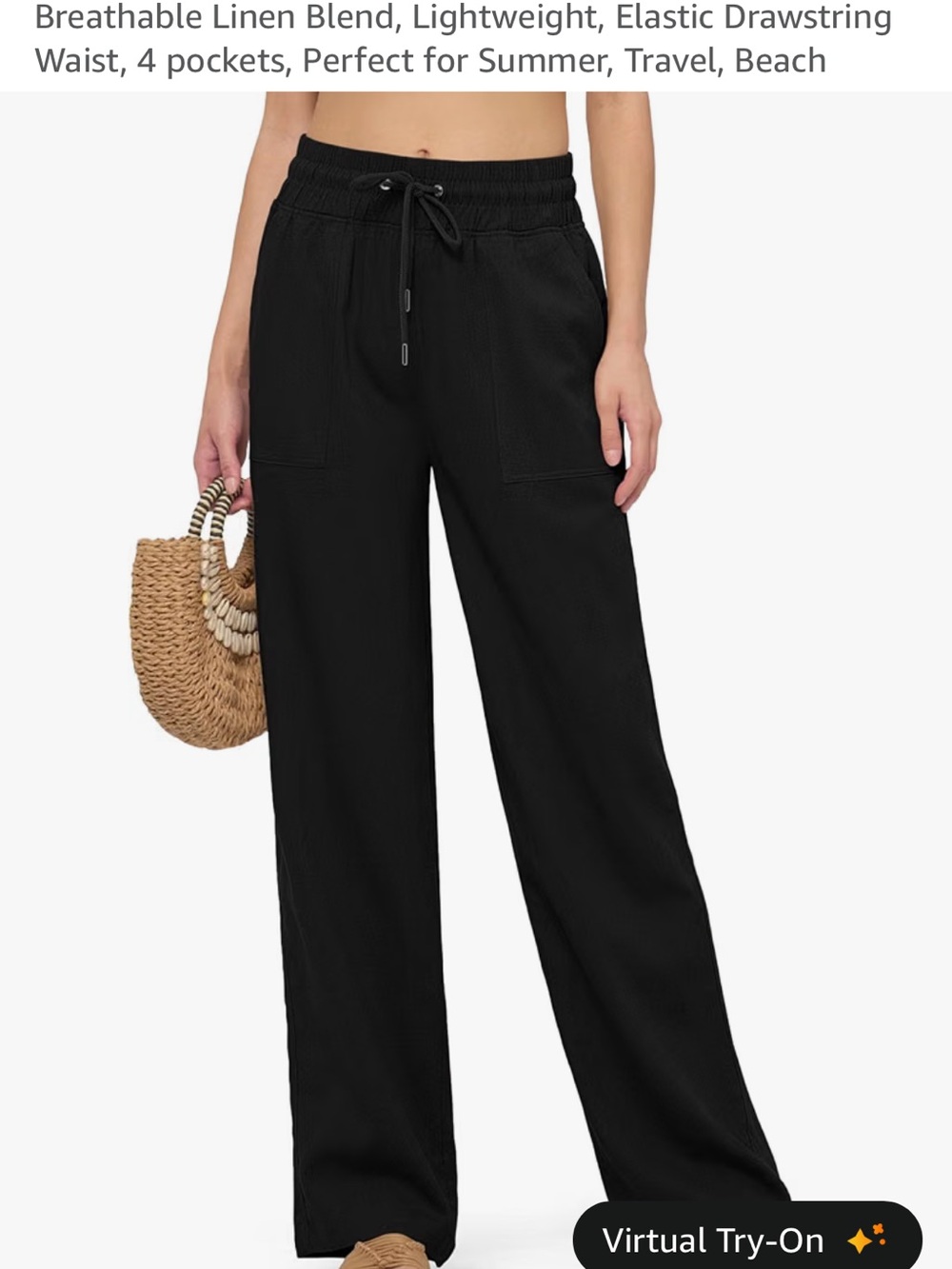 Wide-Leg Drawstring Linen-Blend Pants in Black
